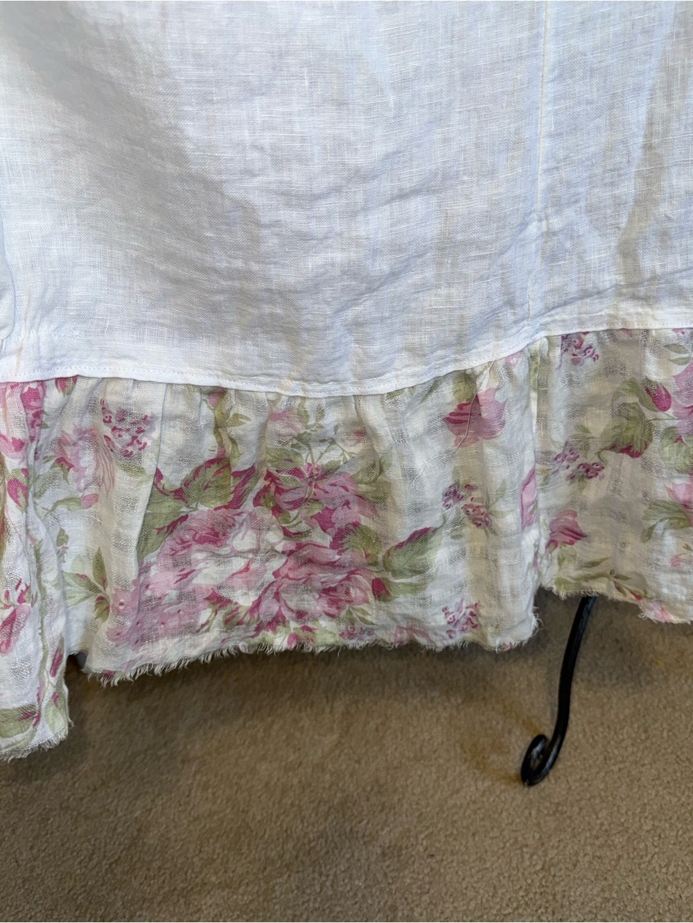 Italian 100% linen Lagenlook White Maxi dress pink floral ruffle pockets. Large - Picture 9 of 11